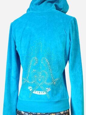 Blue velour zip up hoodie with rhinestone design on the back